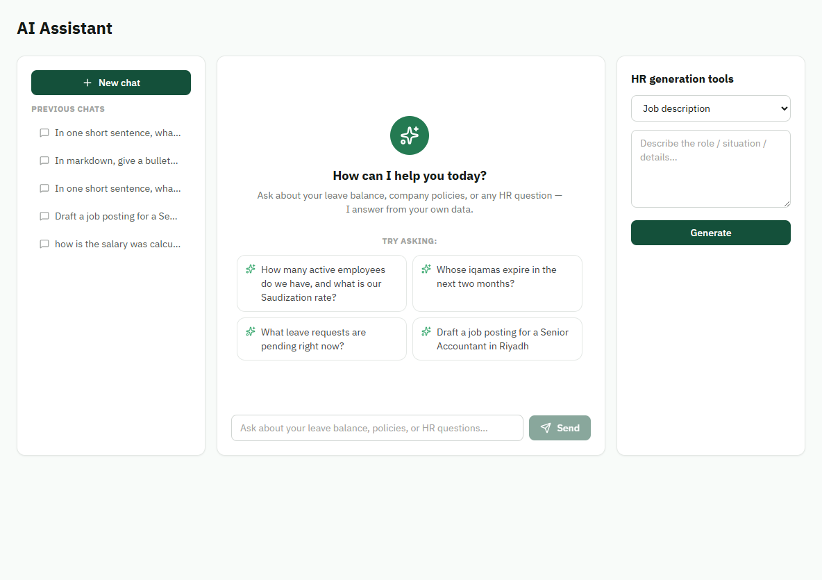 Temairik AI assistant with role-aware prompts and HR document generation tools