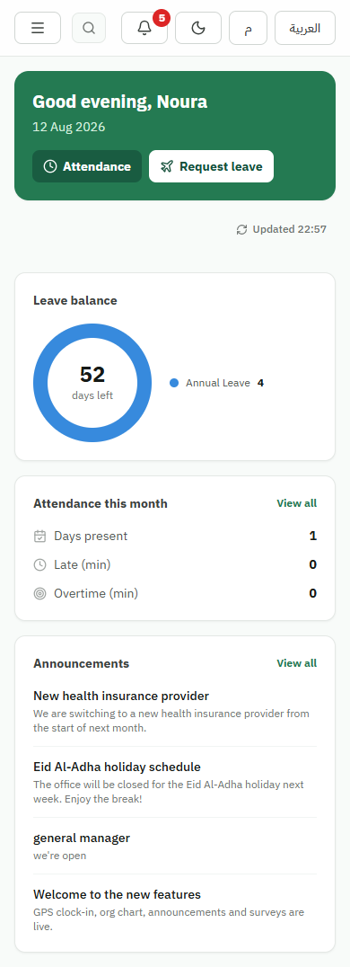 Temairik employee dashboard with attendance, leave balance and announcements using synthetic demo data