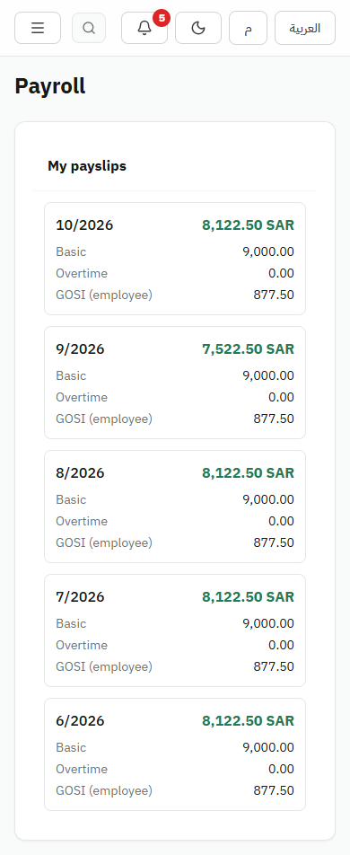Mobile Temairik payslip history showing net pay and GOSI for synthetic demo data