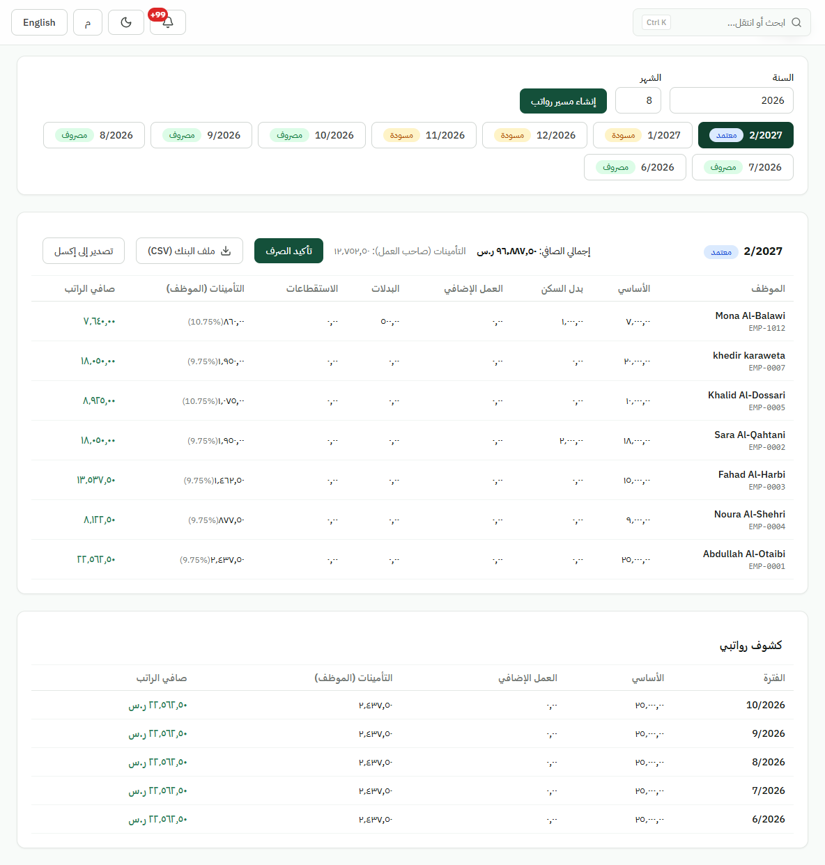 مسير رواتب في تميرك يوضح حالة الاعتماد ونسب التأمينات وصافي الراتب وتصدير الملف البنكي ببيانات تجريبية